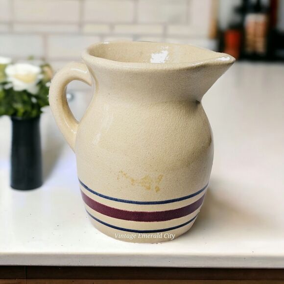 Vintage Robinson Ransbottom Pottery Roseville Ohio #850 1 Qt Pitcher Blue & Red - Picture 4 of 15